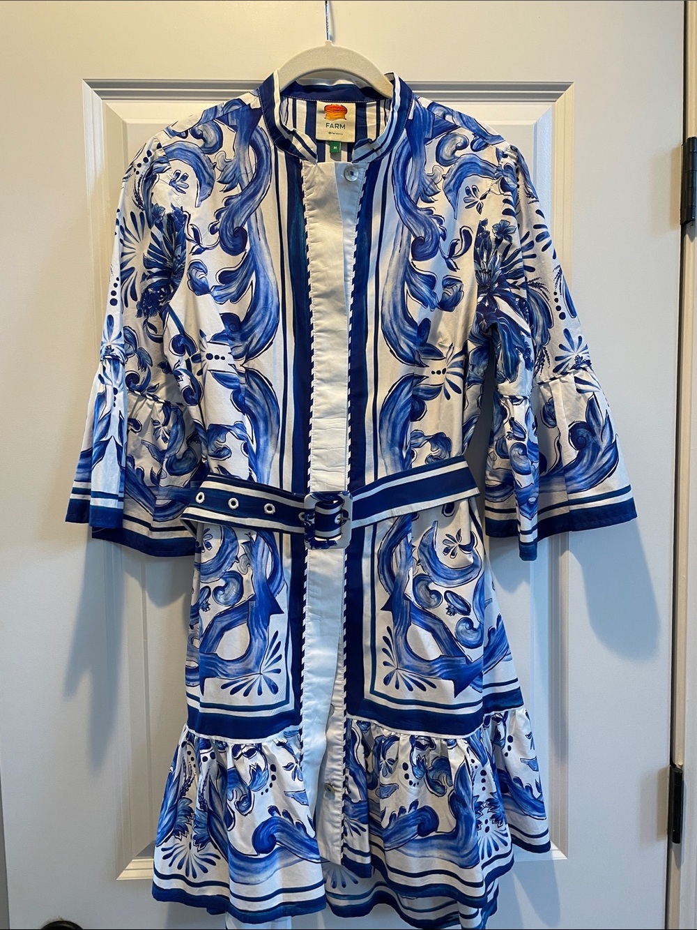FARM Rio Blue and White Printed Belted Trench Coat